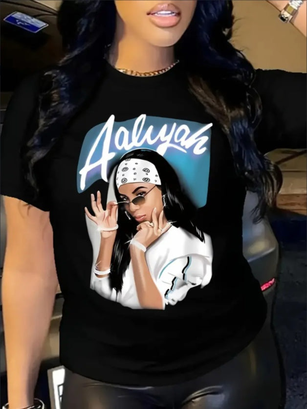 Vibrant Portrait Print Short Sleeve T-Shirt For Women - Soft Polyester Fabric, Round Neckline, Machine Washable, Easy Care, Comfortable Wear - Perfect For Casual Daily Life