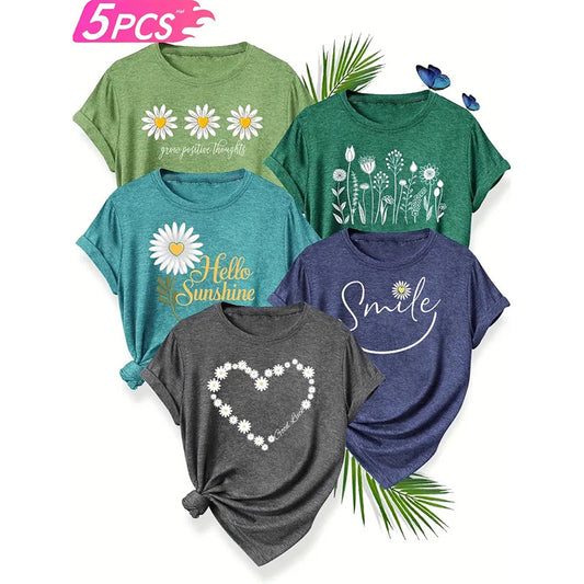 5 PCS Floral Graphic Shirt For Women Cute Flower Short Sleeve Ladies Tee Tops Teen Girls Casual T Shirt