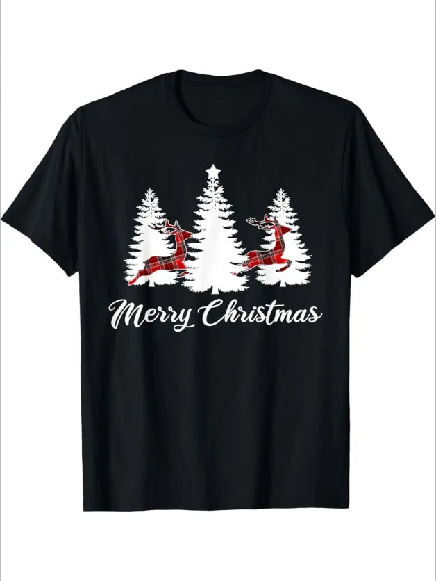 Christmas Shirt For Women Buffalo Plaid Reindeer Tree T-Shirt